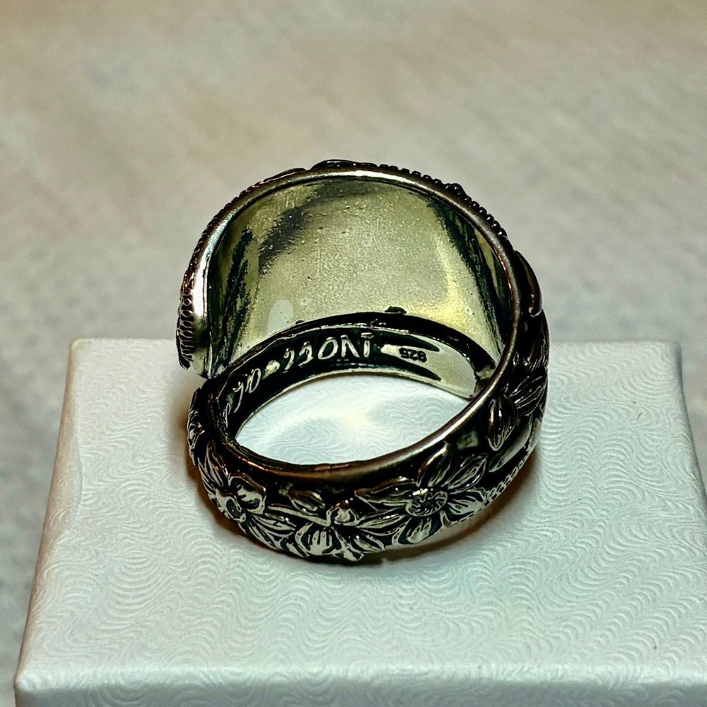 Floral Engraved Spoon Ring - Women's Statement Band in 9.25 Sterling Silver - Picture 14 of 15
